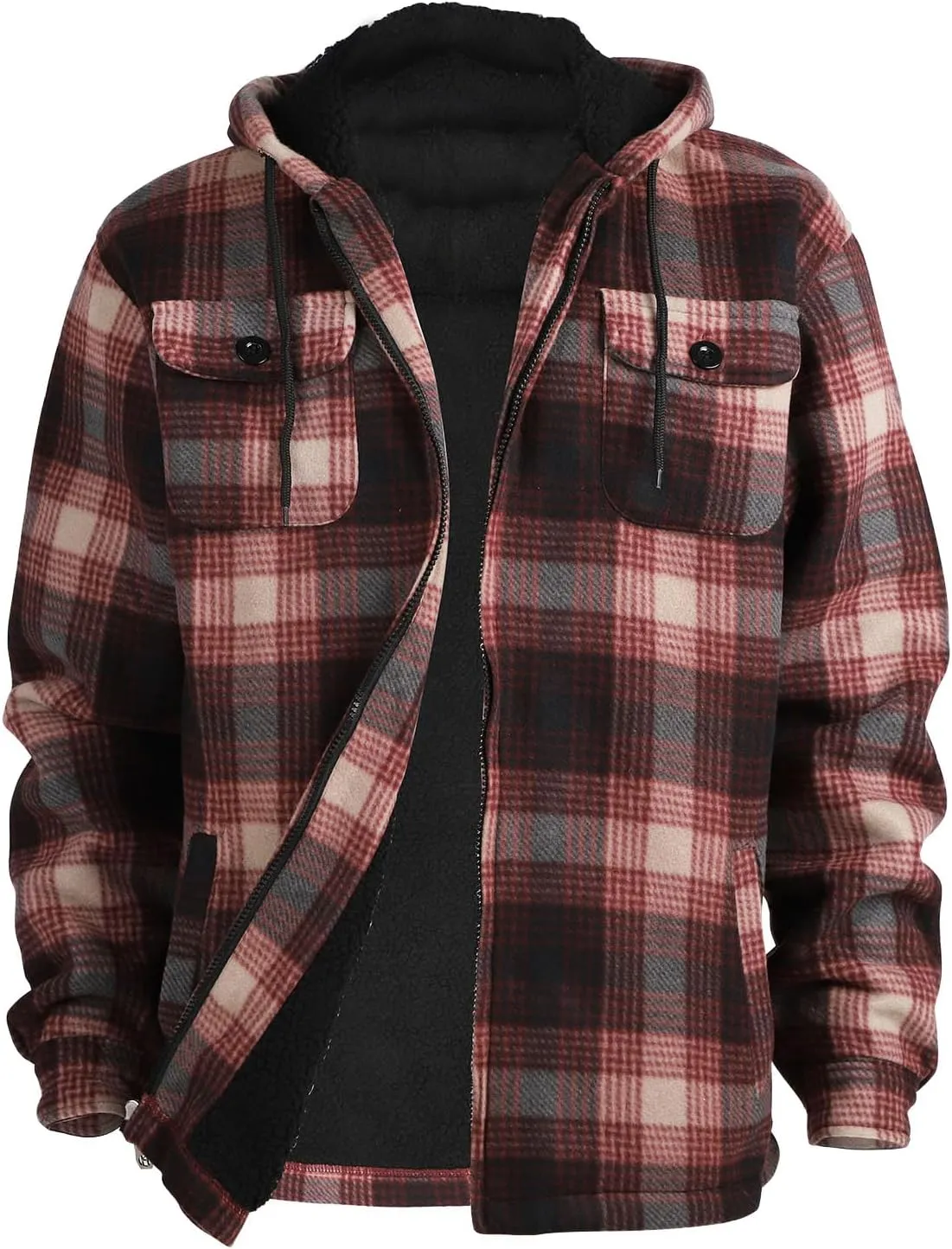 Mens Flannel Jackets Sherpa Lined Fleece Zip Up Winter Warm Workout Plaid Sweatshirt with Hood