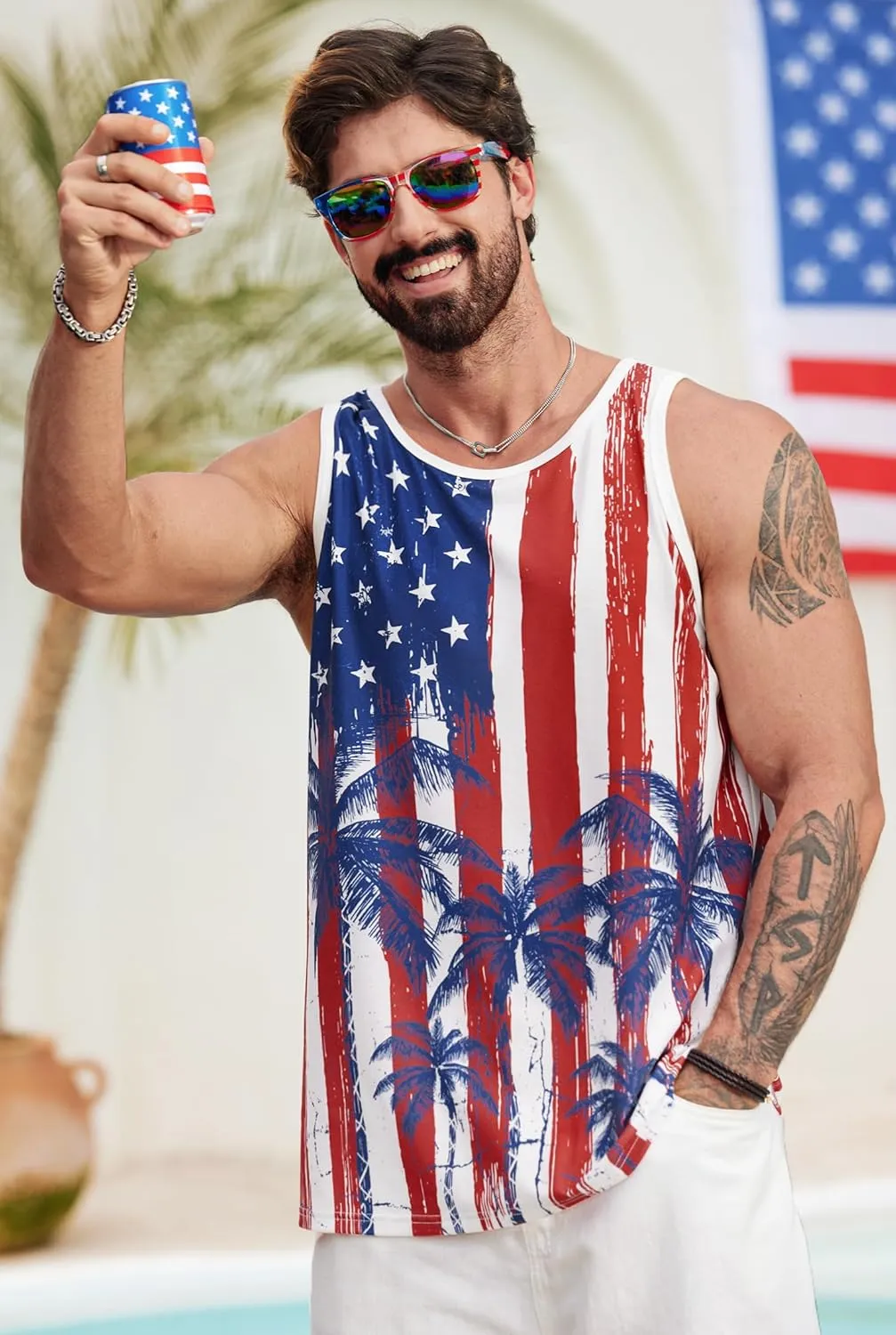 Mens Hawaiian Beach Tank Tops Summer Vacation Muscle Top Graphic Sleeveless Shirts (S-3XL)