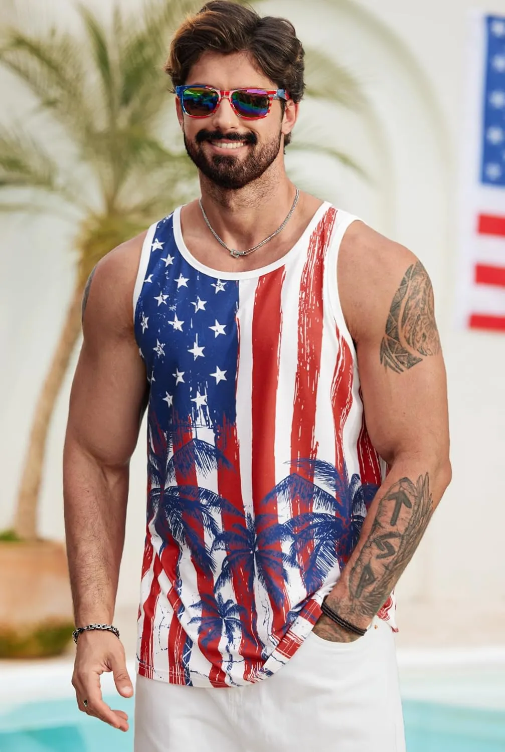 Mens Hawaiian Beach Tank Tops Summer Vacation Muscle Top Graphic Sleeveless Shirts (S-3XL)