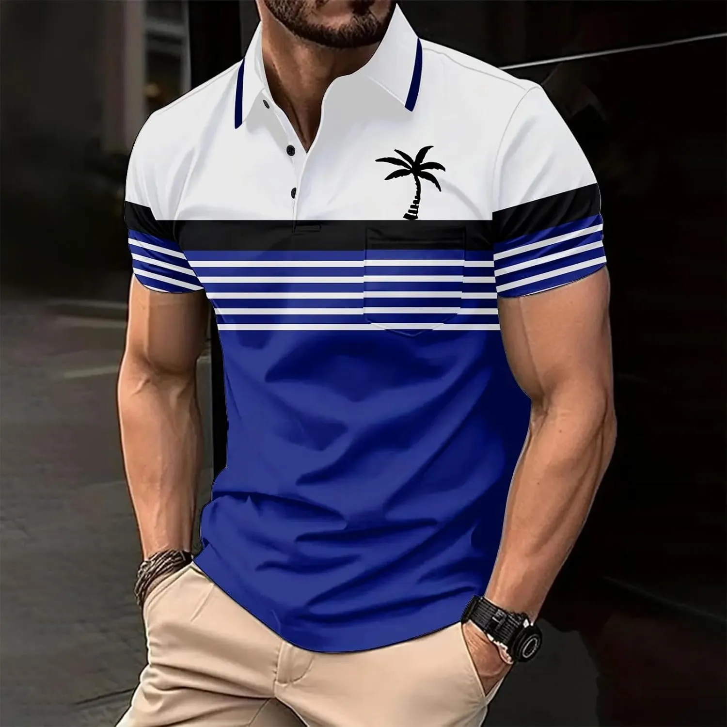 Men's Hawaiian Shirts Button Down Short Sleeve Collar Neck Tropical Holiday Beach Striped Coconut Tree Graphic Shirt