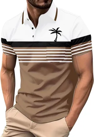 Men's Hawaiian Shirts Button Down Short Sleeve Collar Neck Tropical Holiday Beach Striped Coconut Tree Graphic Shirt