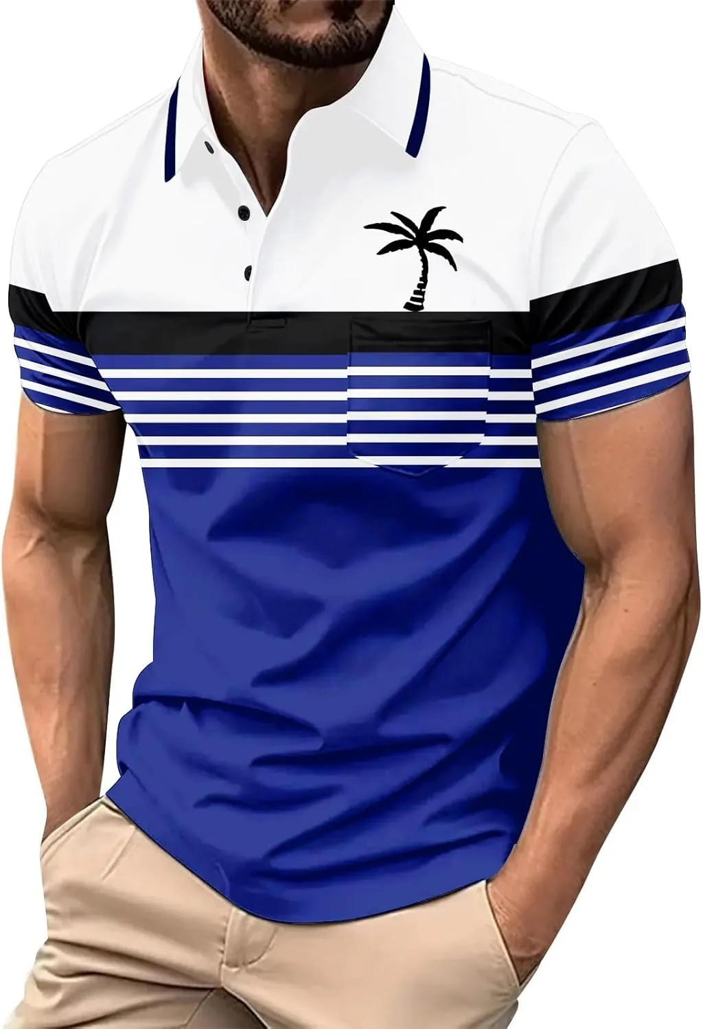 Men's Hawaiian Shirts Button Down Short Sleeve Collar Neck Tropical Holiday Beach Striped Coconut Tree Graphic Shirt