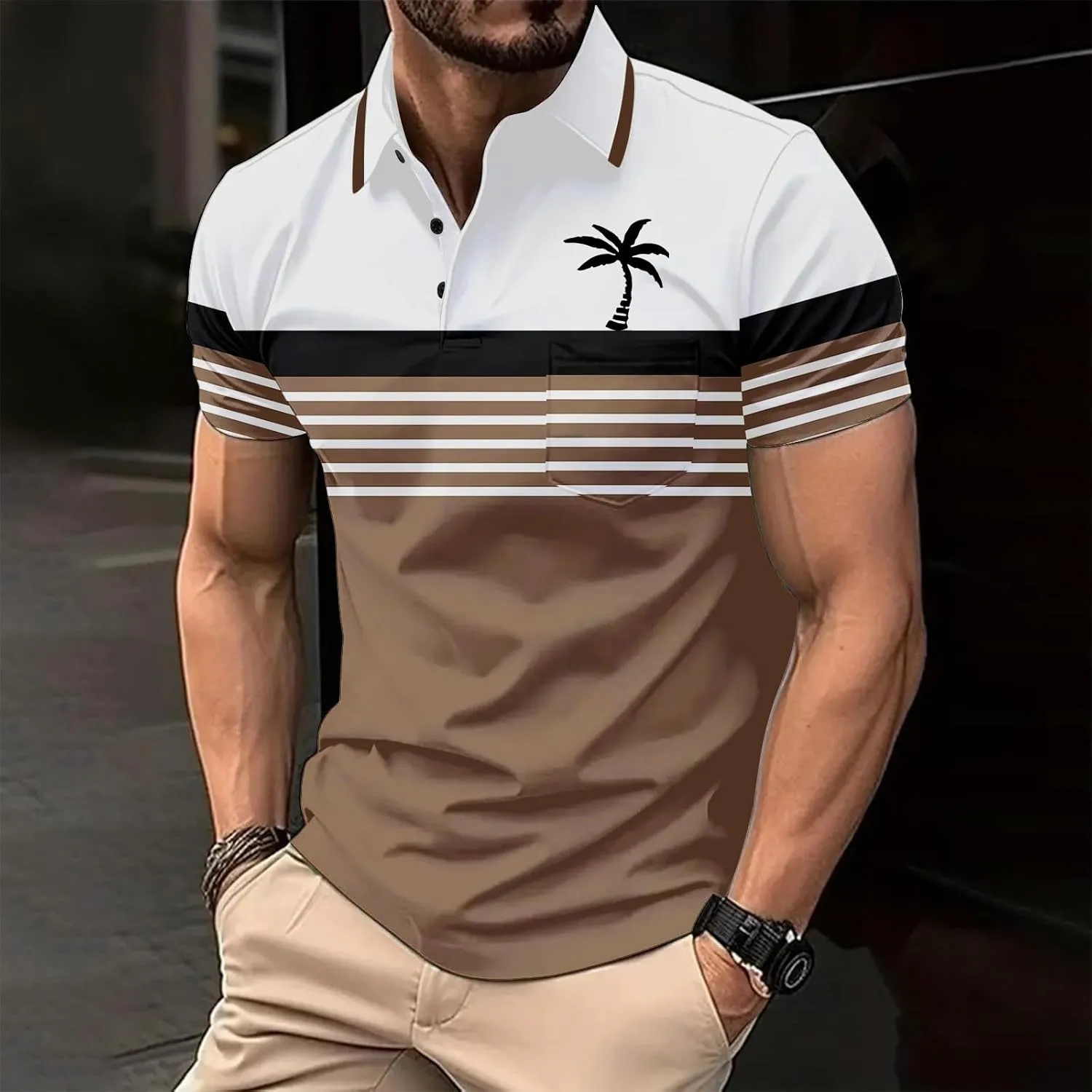 Men's Hawaiian Shirts Button Down Short Sleeve Collar Neck Tropical Holiday Beach Striped Coconut Tree Graphic Shirt