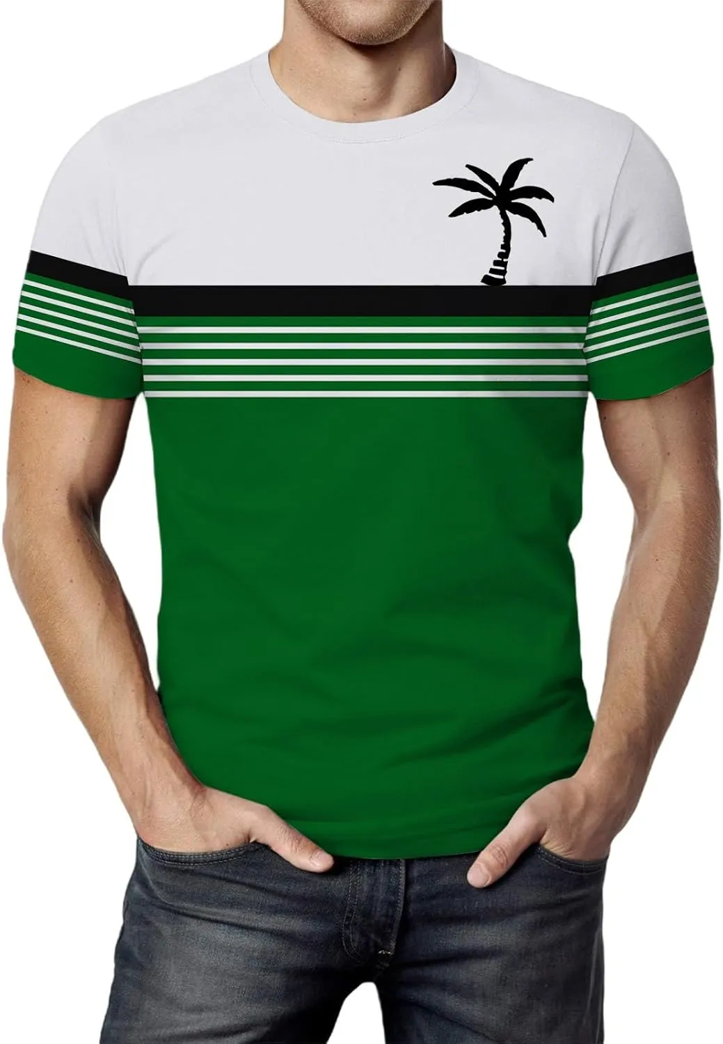 Men's Hawaiian Shirts Button Down Short Sleeve Crew Neck Tropical Holiday Beach Striped Coconut Tree Graphic Shirt