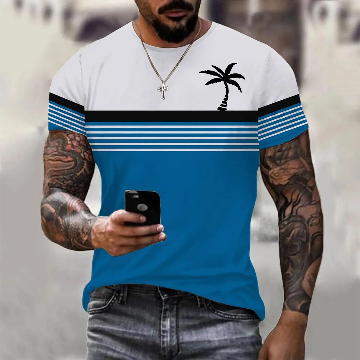 Men's Hawaiian Shirts Button Down Short Sleeve Crew Neck Tropical Holiday Beach Striped Coconut Tree Graphic Shirt