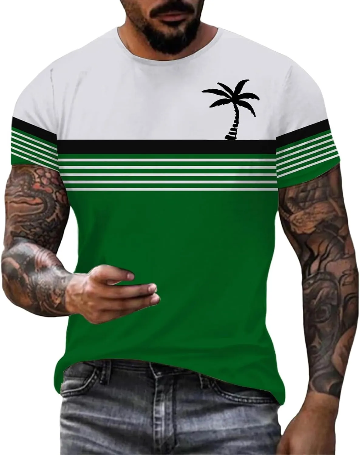 Men's Hawaiian Shirts Button Down Short Sleeve Crew Neck Tropical Holiday Beach Striped Coconut Tree Graphic Shirt