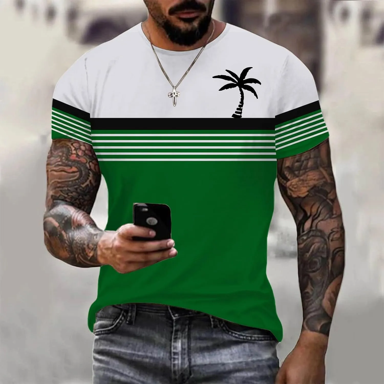 Men's Hawaiian Shirts Button Down Short Sleeve Crew Neck Tropical Holiday Beach Striped Coconut Tree Graphic Shirt
