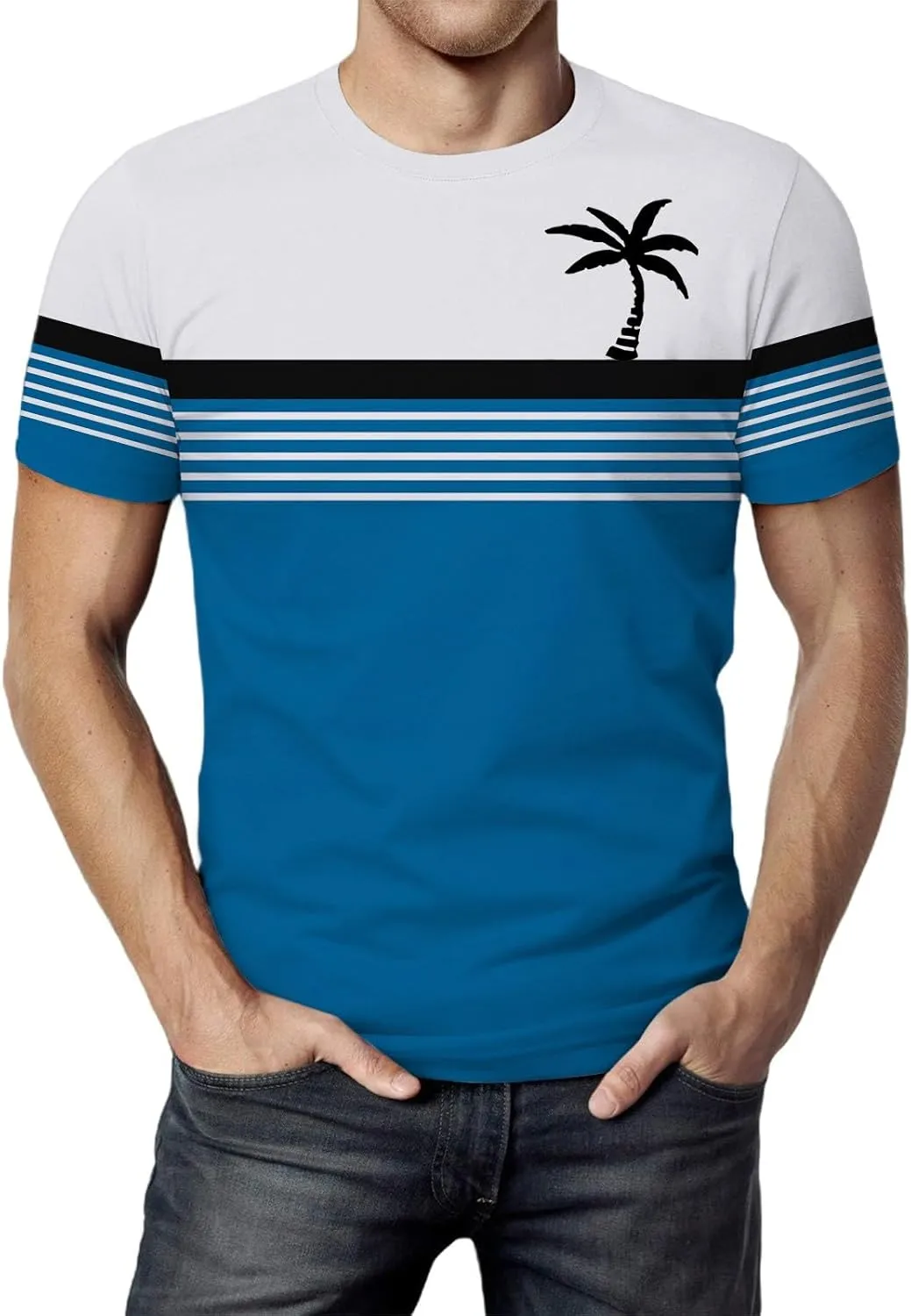 Men's Hawaiian Shirts Button Down Short Sleeve Crew Neck Tropical Holiday Beach Striped Coconut Tree Graphic Shirt