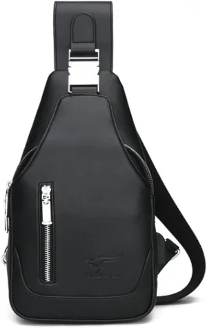 Mens PU Leather Sling Bags Chest Shoulder Crossbody Messenger Business Backpack Travel Hiking Casual Daypack Purse Black