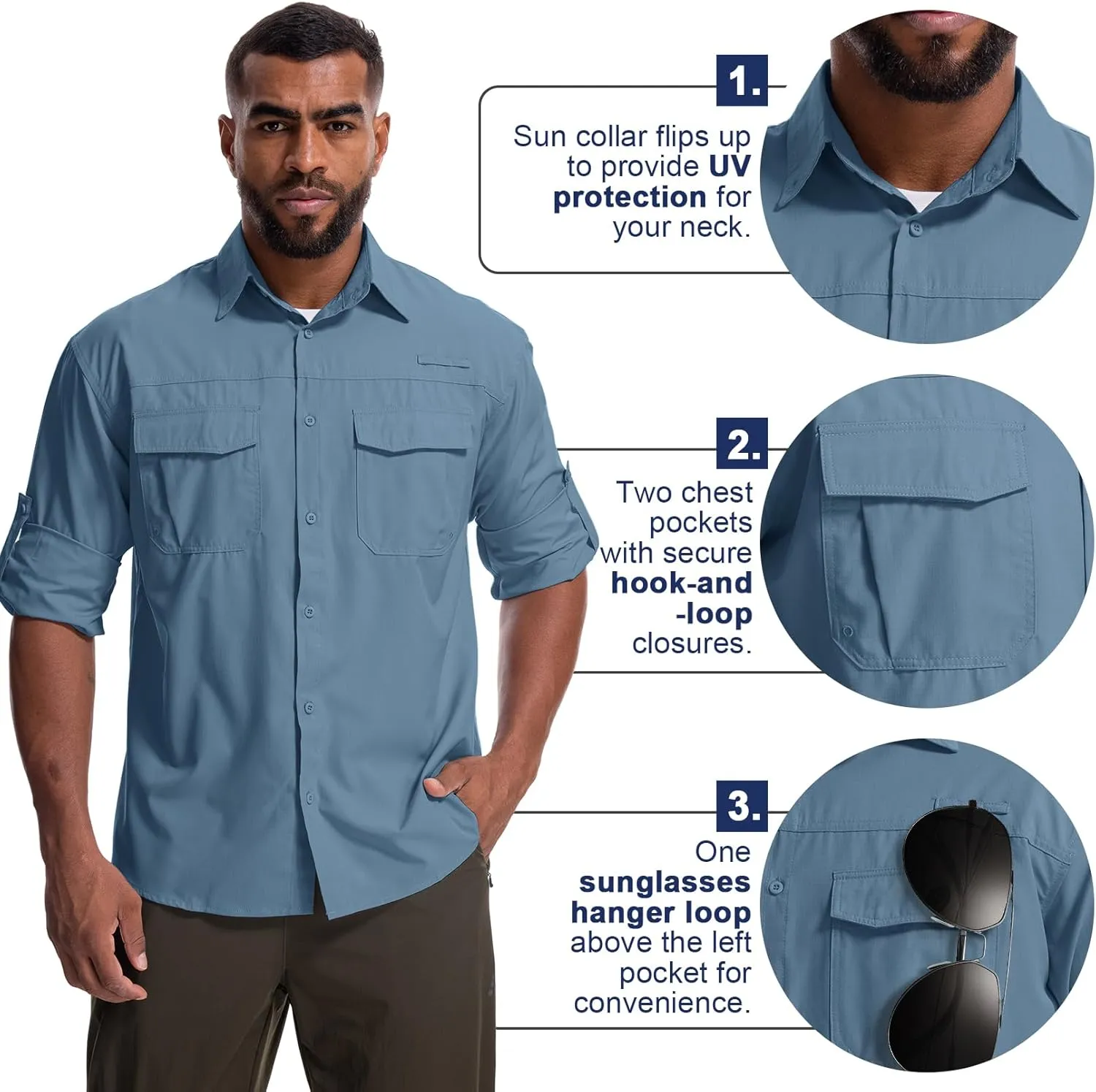 Mens Safari Sun Shirts UPF 50  UV Sun Protection Long Sleeve Outdoor Quick Dry Fishing Hiking Gardening Shirts