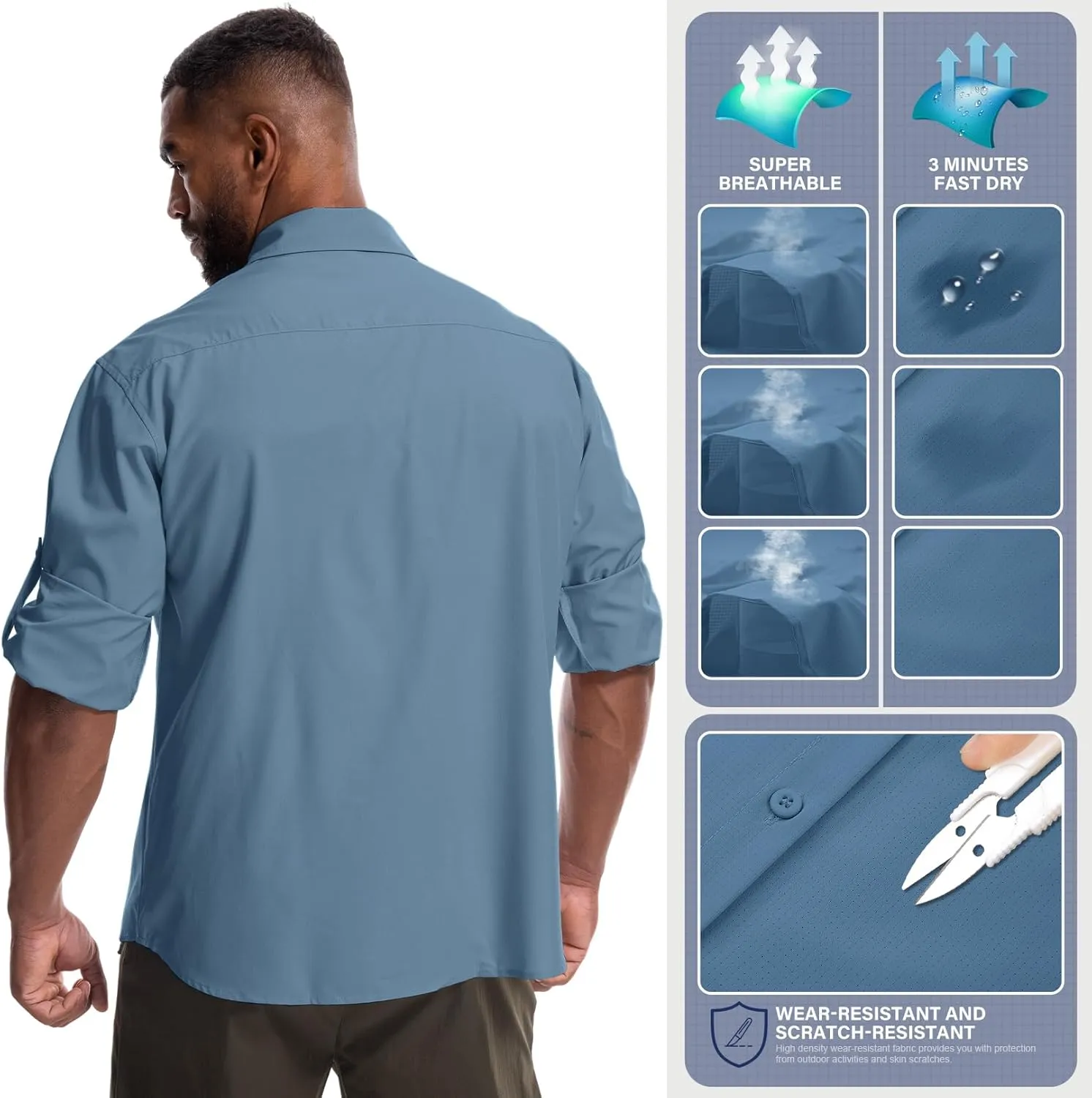 Mens Safari Sun Shirts UPF 50  UV Sun Protection Long Sleeve Outdoor Quick Dry Fishing Hiking Gardening Shirts
