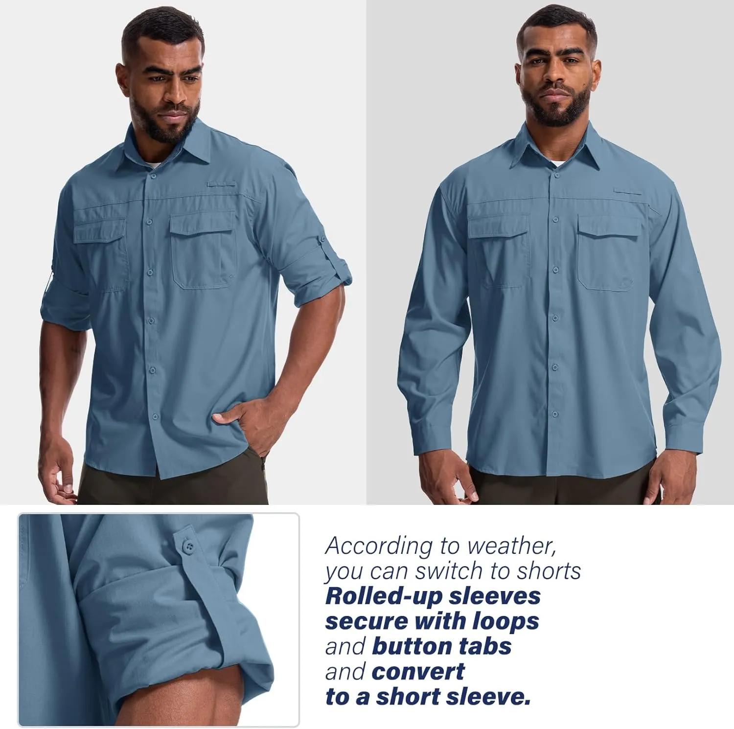 Mens Safari Sun Shirts UPF 50  UV Sun Protection Long Sleeve Outdoor Quick Dry Fishing Hiking Gardening Shirts