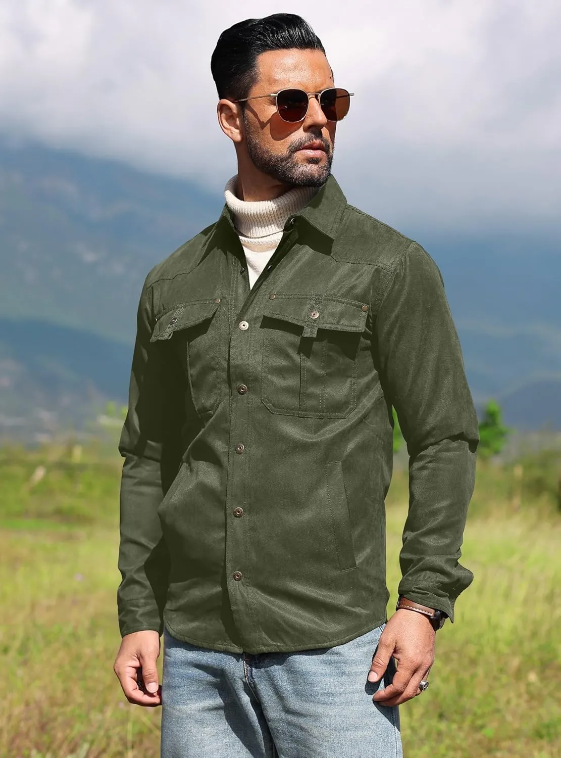 Men's Shirt Jacket Shacket with Flannel Lined Casual Snap Button Overshirt Western Cowboy Jackets Fall Clothing