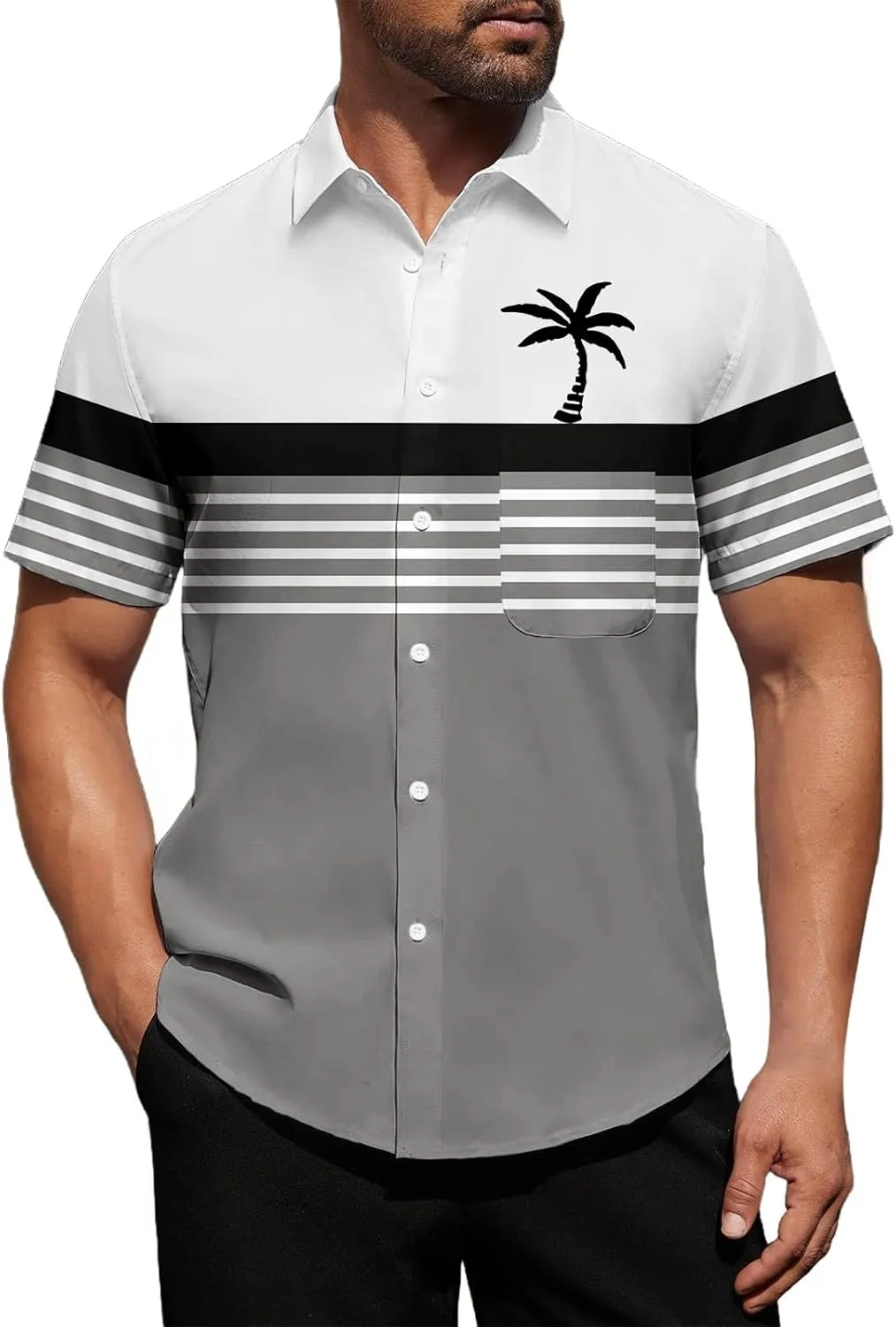 Mens Shirts Tropical Printed Short Sleeve Shirt Summer Coconut Tree T-Shirts Button Down Stand Collar Workout Tops
