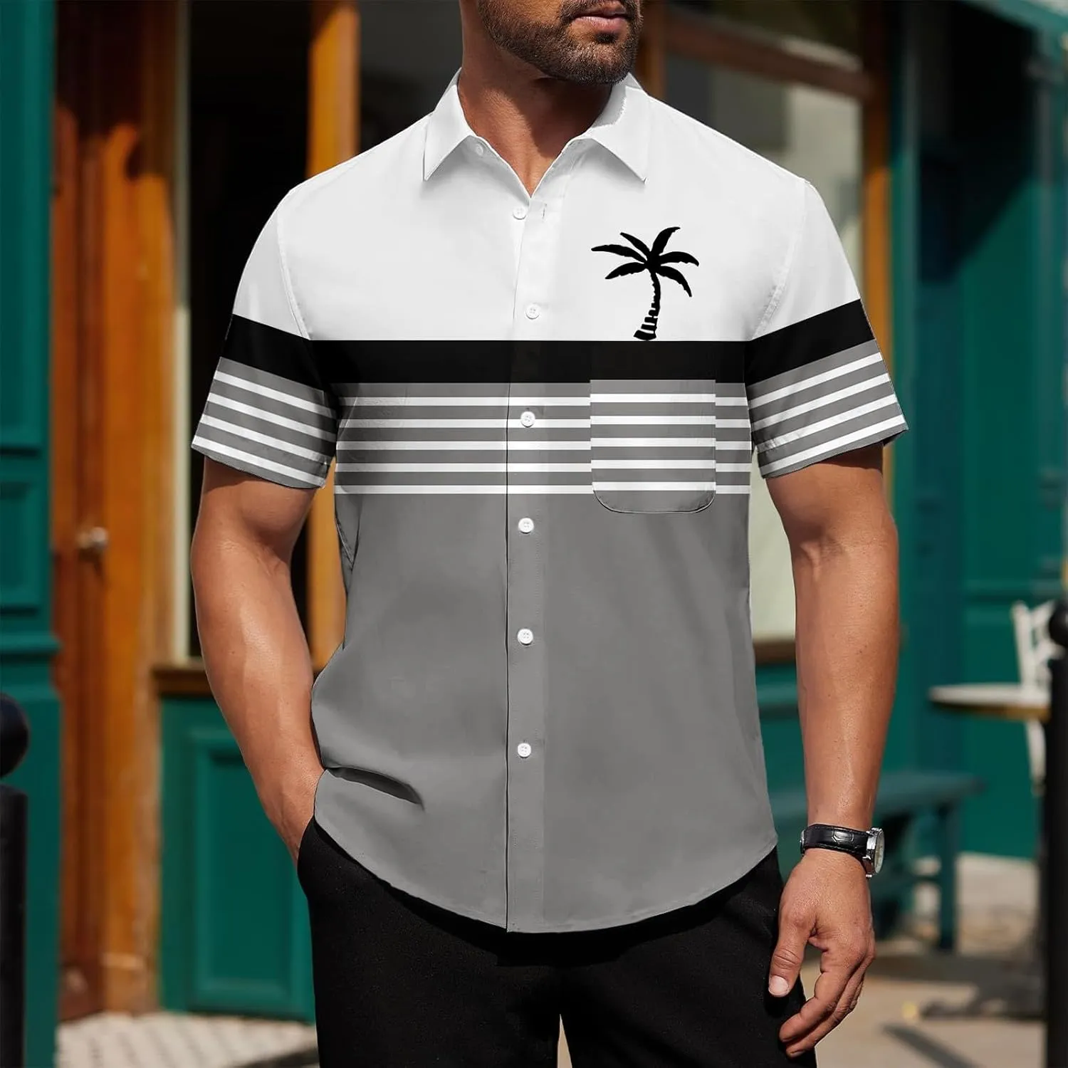 Mens Shirts Tropical Printed Short Sleeve Shirt Summer Coconut Tree T-Shirts Button Down Stand Collar Workout Tops