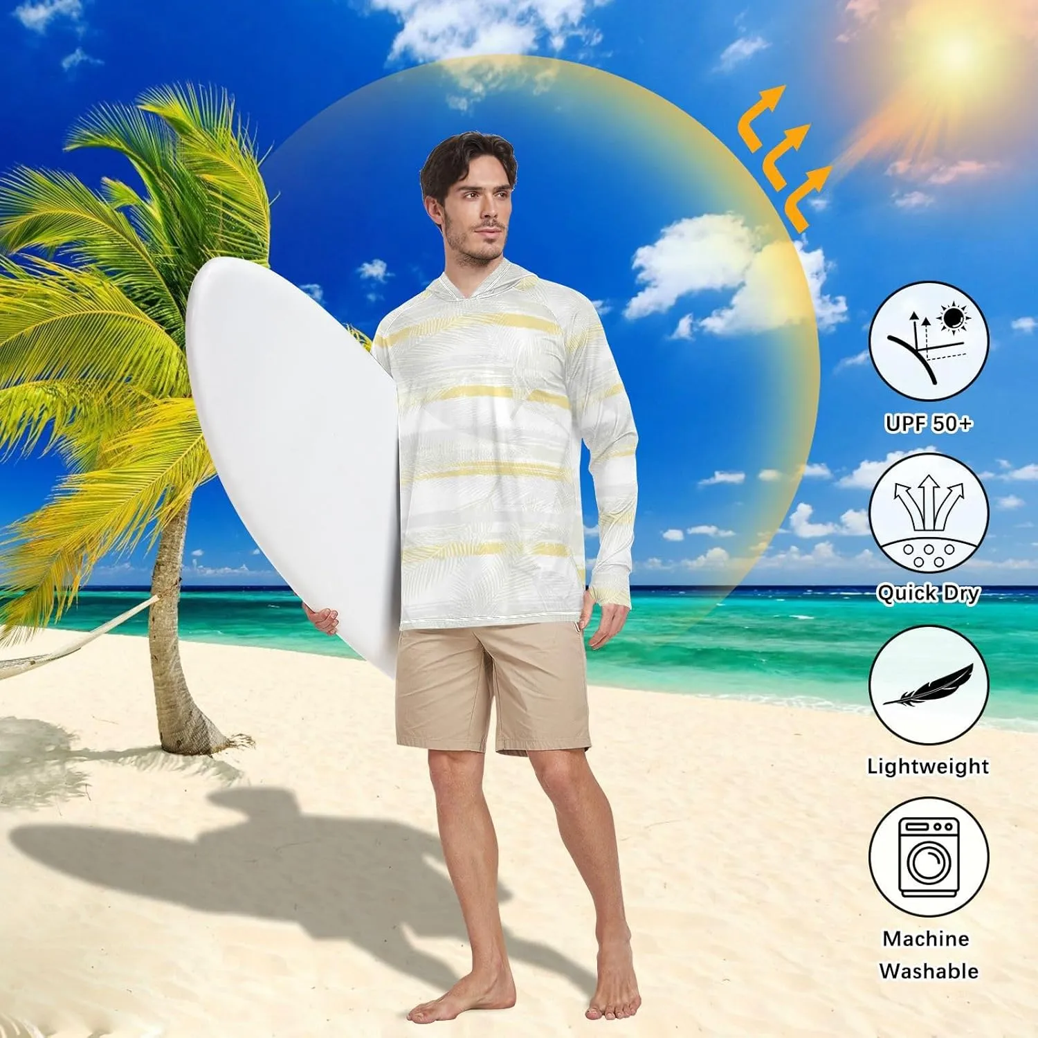 Mens Sun Shirts Protection Long Sleeve Coconut Palm Leaves Sun Shirt with Hood UPF 50 Hooded Fishing Shirts UV Rash