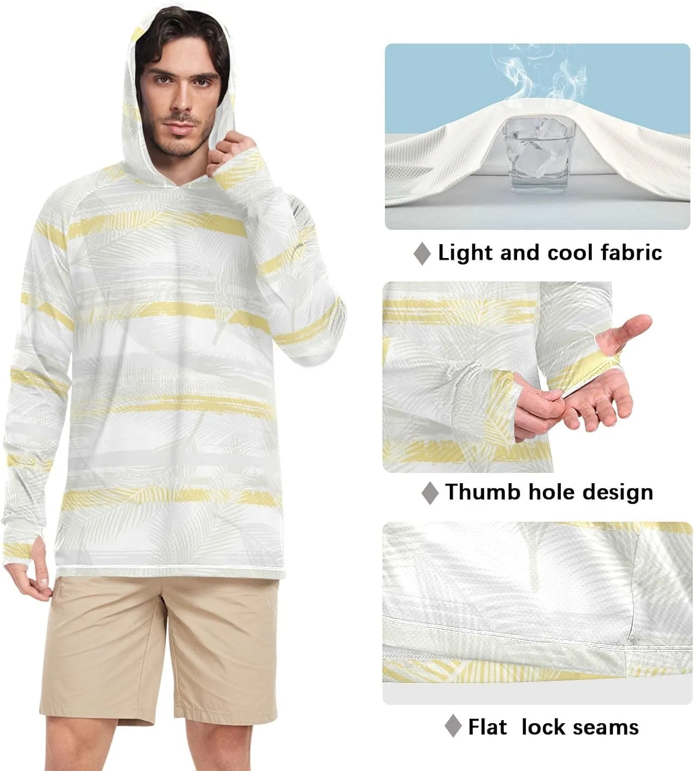 Mens Sun Shirts Protection Long Sleeve Coconut Palm Leaves Sun Shirt with Hood UPF 50 Hooded Fishing Shirts UV Rash