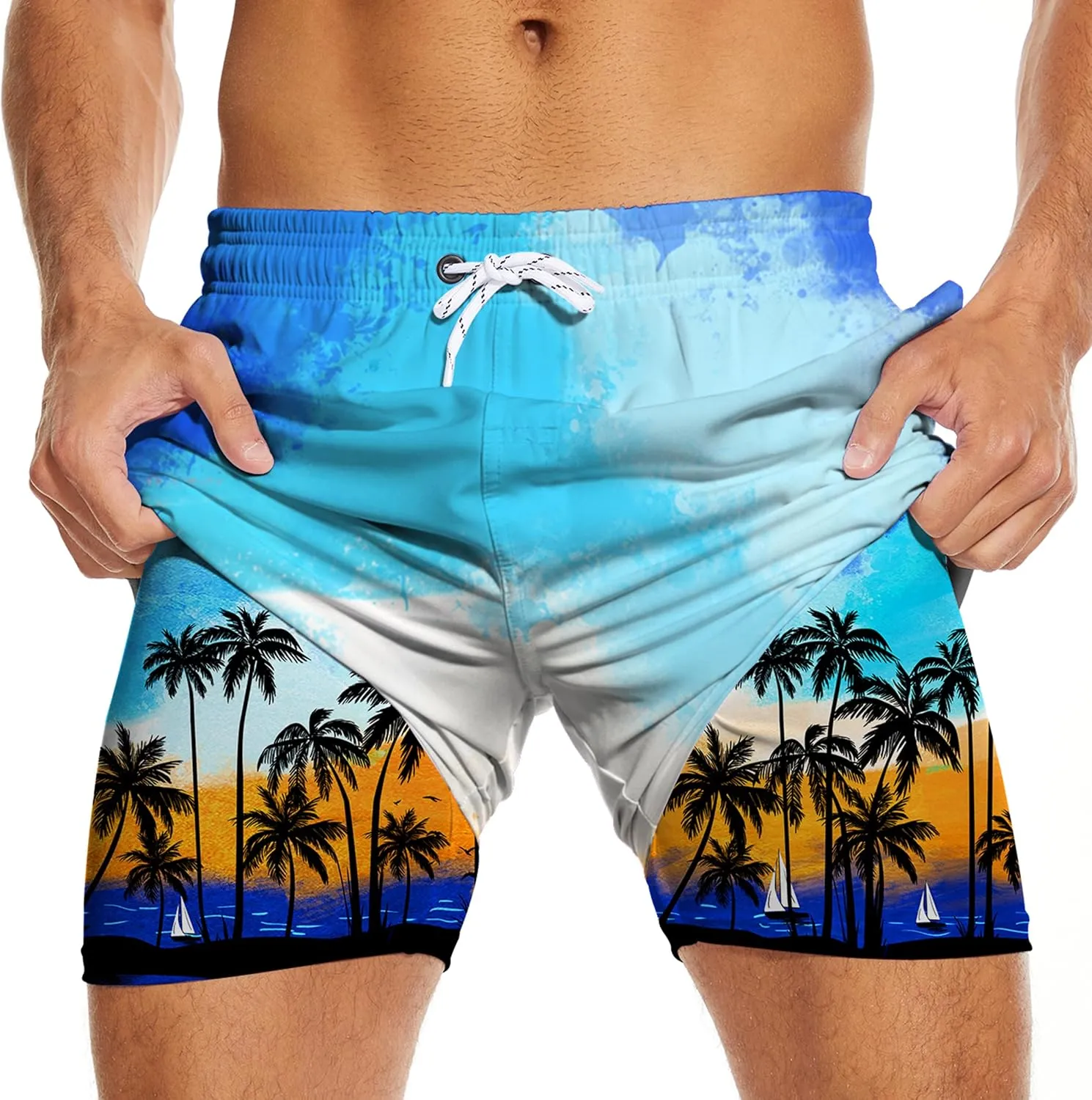 Men's Swim Trunks with Compression Liner 5" Inseam Mens Quick Dry Board Shorts with 4 Pockets for Beach Vacation