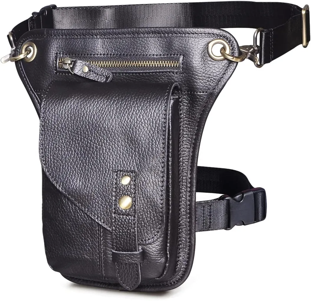 Mens Womens Genuine Leather Motorcycle Tactic Hiking Fanny Waist Pack Drop Leg Thigh Cross Over Messenger Bag (Black)