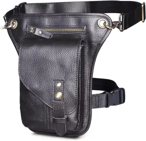 Mens Womens Genuine Leather Motorcycle Tactic Hiking Fanny Waist Pack Drop Leg Thigh Cross Over Messenger Bag (Black)