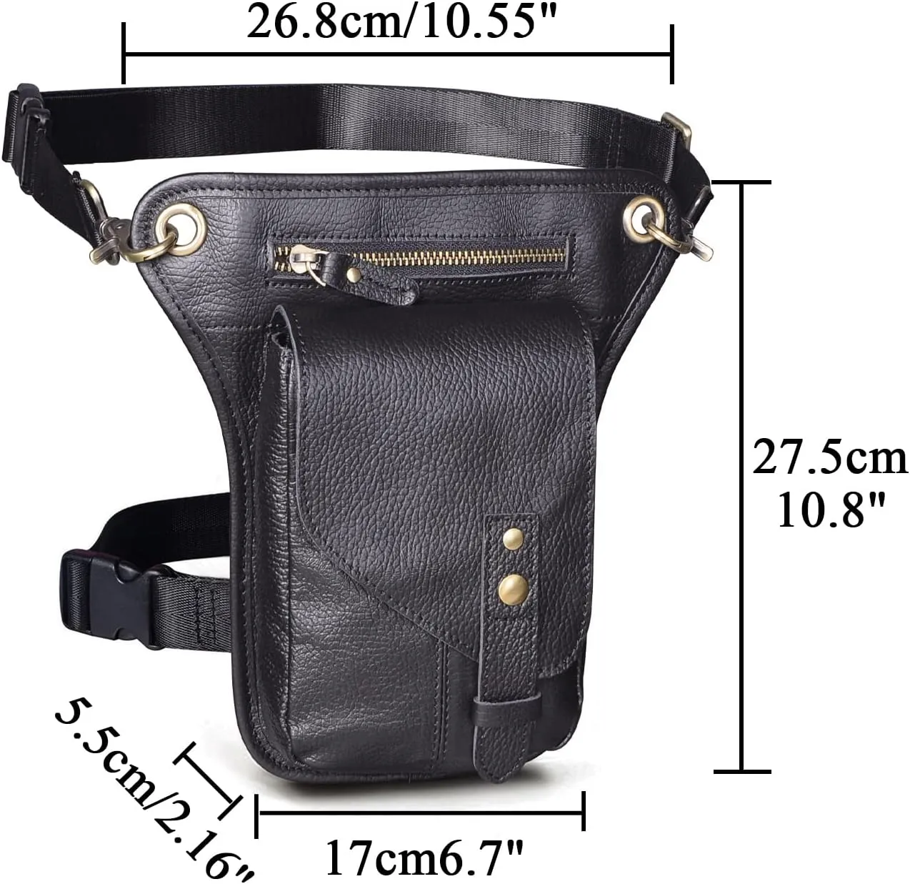 Mens Womens Genuine Leather Motorcycle Tactic Hiking Fanny Waist Pack Drop Leg Thigh Cross Over Messenger Bag (Black)