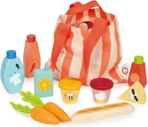 Mentari Toys - Bargain Grocery Bag - 11pc Printed Tote Bag with Wooden Grocery Items - Market and Kitchen Pretend Play Toy Food - Imaginative Play Set for Toddlers and Preschoolers - Age 3 