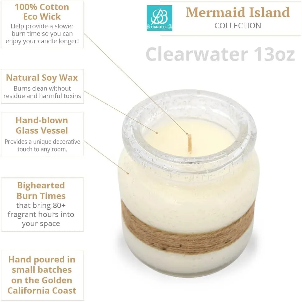 Mermaid Island Clearwater Glass Sea Lavender Scented Hand Poured Candle, Natural Soy Candle, Fragrant Coastal Candle, 13oz, 80  Hours Burn Time