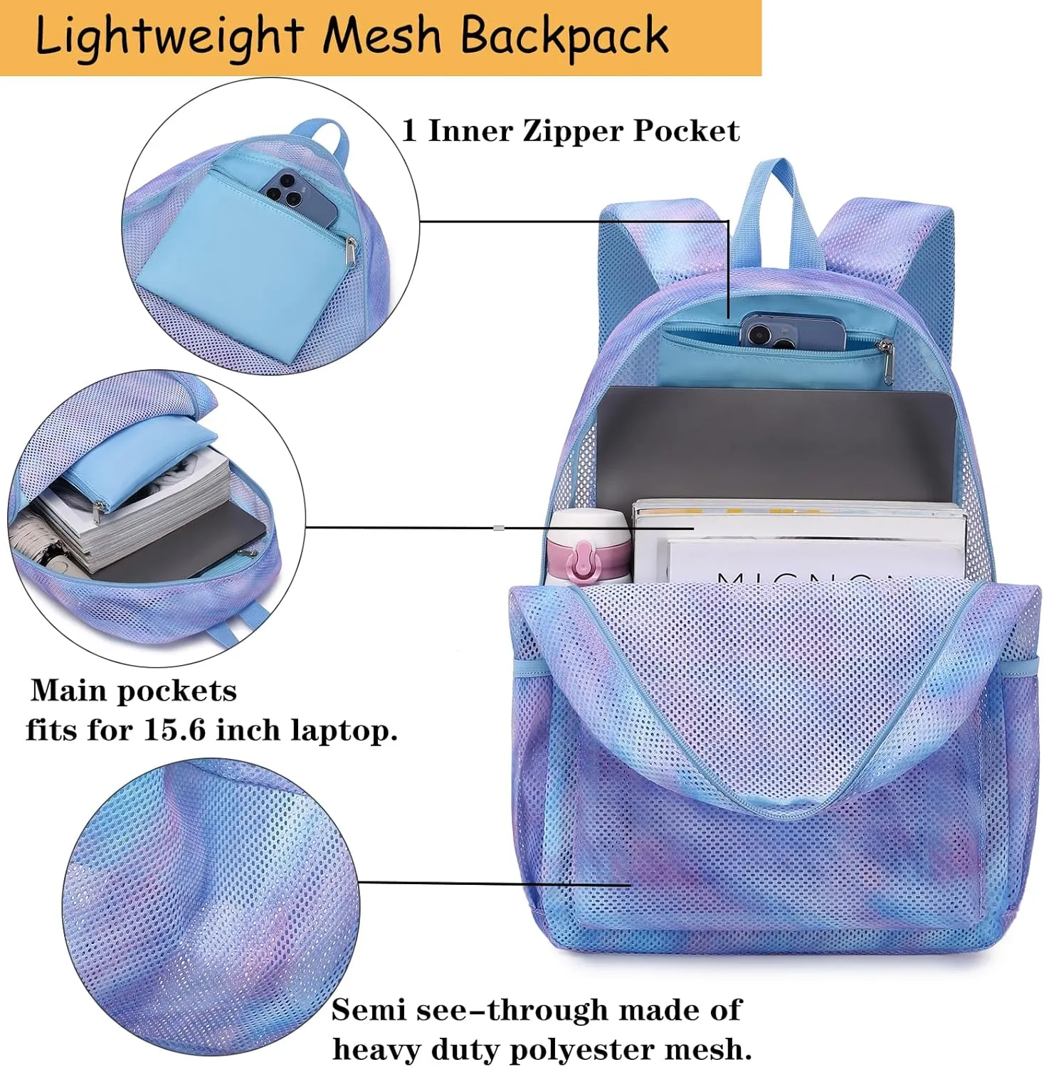 Mesh Backpack for Girls Semi-Transparent Mesh School Backpack See Through Casual Bookbag Lightweight School Bookbag