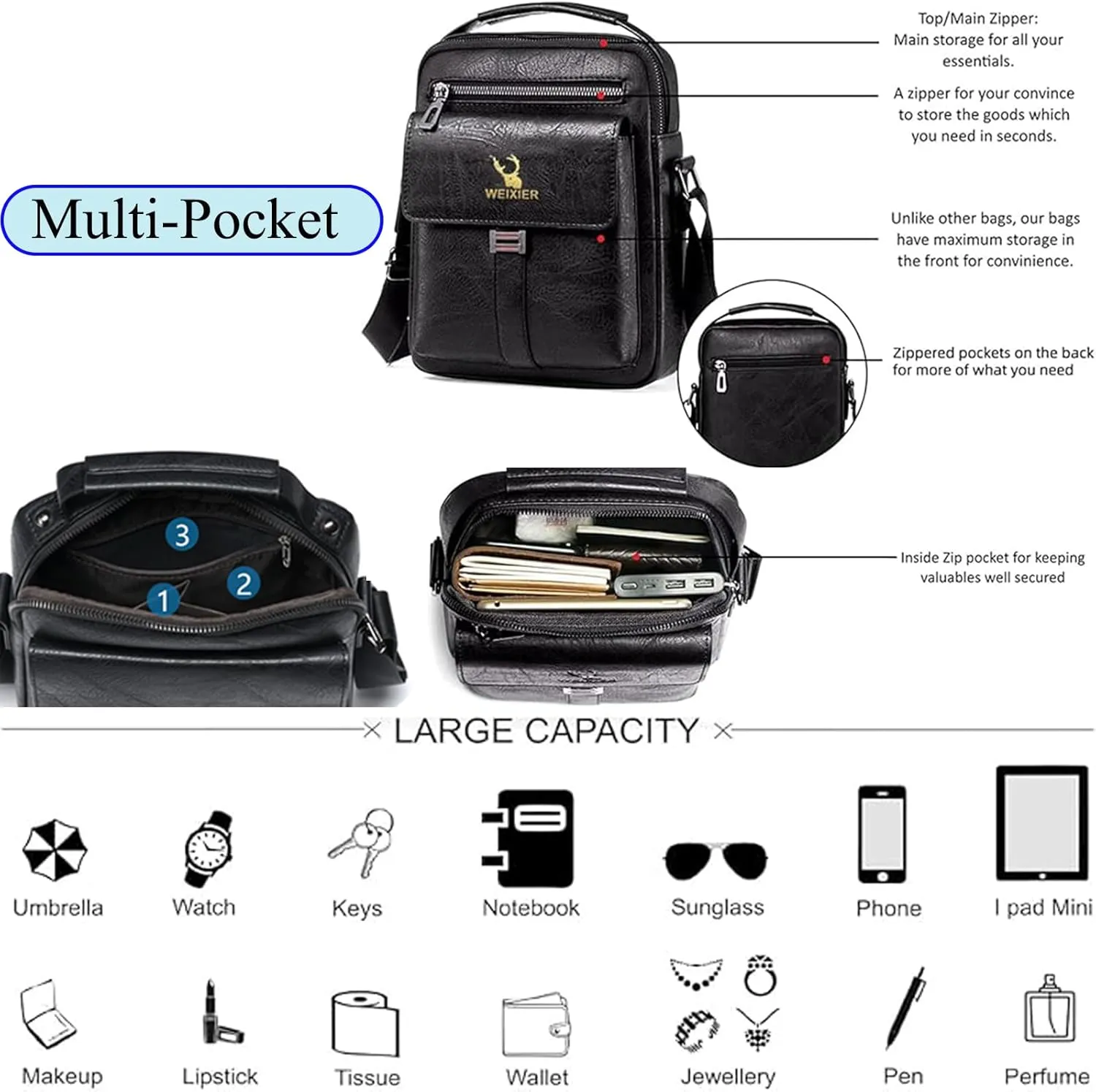 Messenger Bag for Men Crossbody Shoulder Purse Small Vintage PU Leather Satchel Pouch Side Crossover Handbag