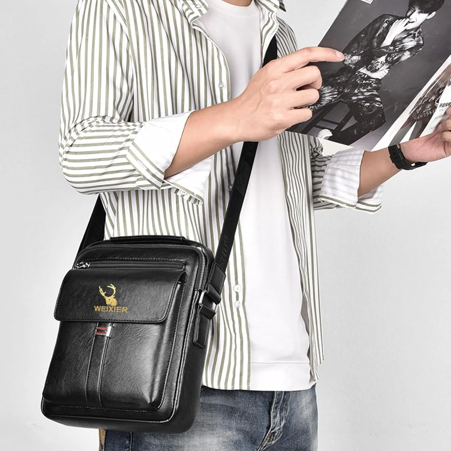 Messenger Bag for Men Crossbody Shoulder Purse Small Vintage PU Leather Satchel Pouch Side Crossover Handbag