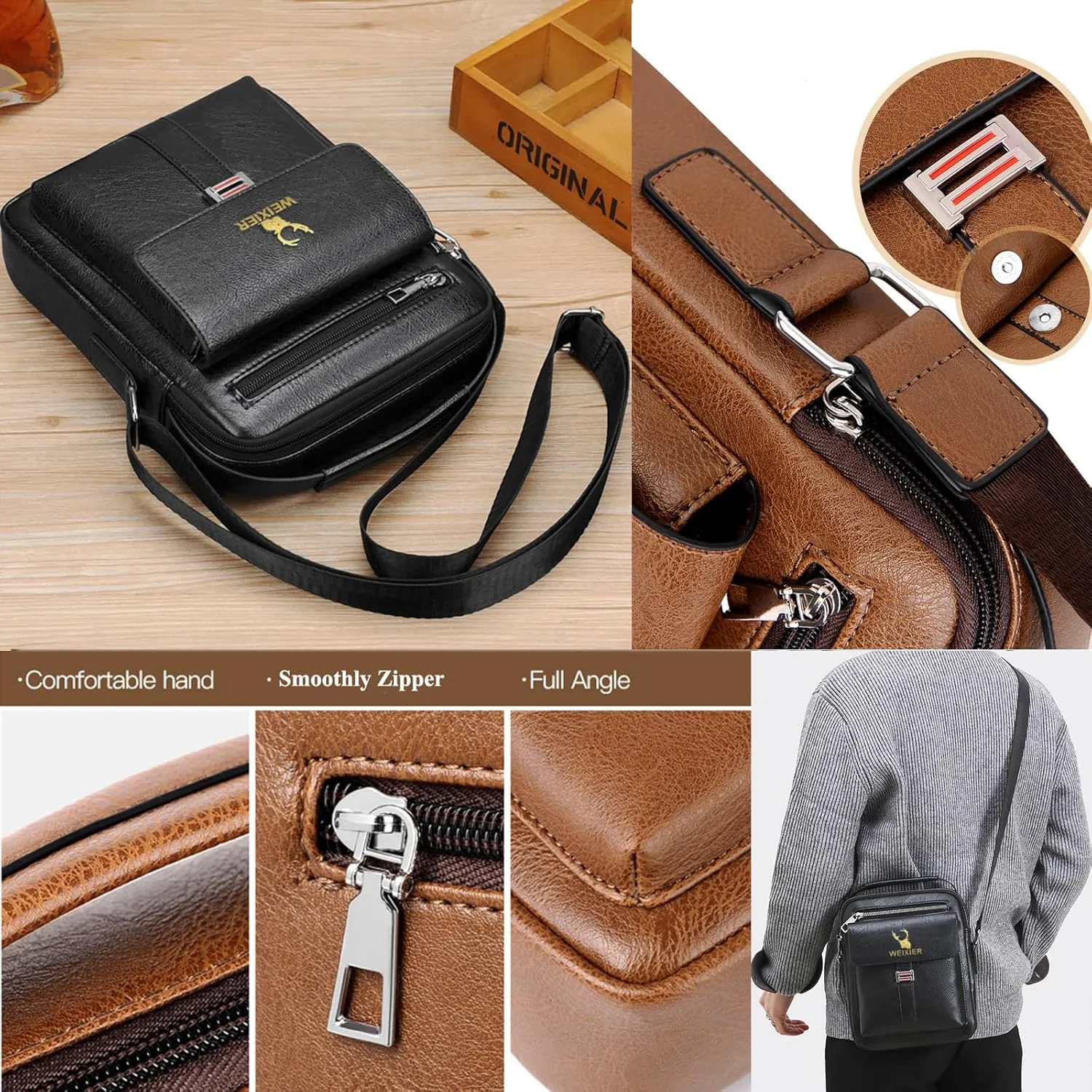 Messenger Bag for Men Crossbody Shoulder Purse Small Vintage PU Leather Satchel Pouch Side Crossover Handbag