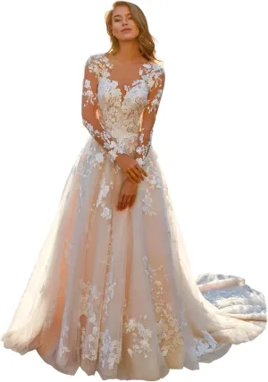 Miao Duo Women's Elegant Lace Beach Wedding Dresses for Bride 2025 with Sleeves Wedding Bridal Gowns YZTS014