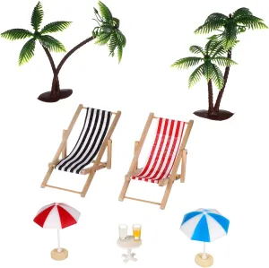 Mini Doll House Beach Set Coconut Trees Mini Umbrellas Beach Chairs Drinks Round Tea Table Craft for Micro Landscape Decor Fairy Garden Ornament
