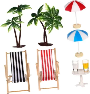 Miniature Beach Doll House Set Coconut Trees Parasols Deckchairs Drinks Round Tea Table for Fairy Garden Decor and Micro Landscape Decoration