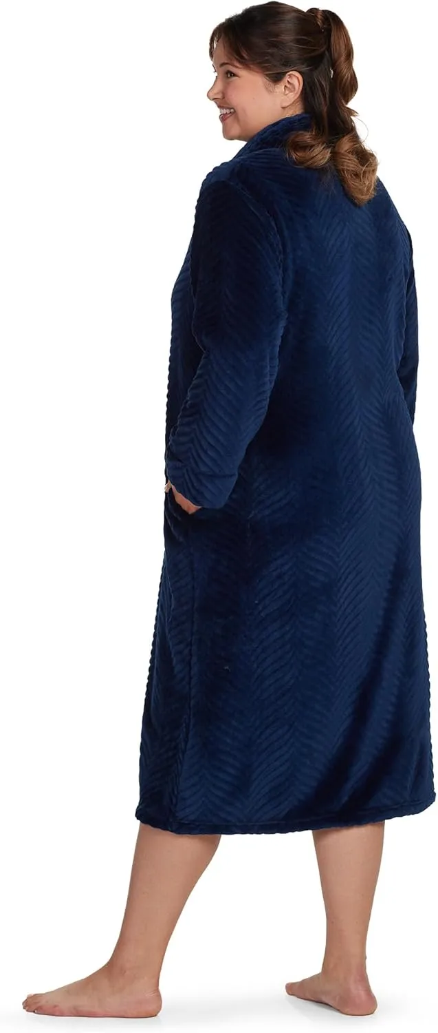 Miss Elaine Women's Long Fleece Robe, Long Sleeves and Zipper Front Closure, Collared Neck with Side Pockets