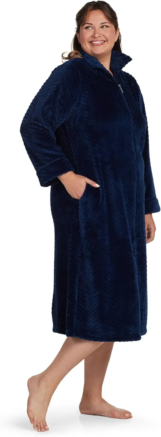 Miss Elaine Women's Long Fleece Robe, Long Sleeves and Zipper Front Closure, Collared Neck with Side Pockets
