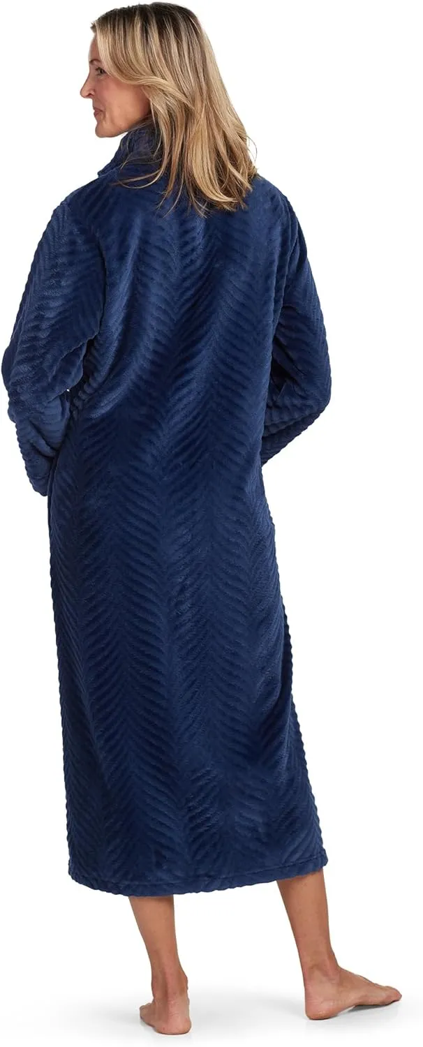 Miss Elaine Women's Long Fleece Robe, Long Sleeves and Zipper Front Closure, Collared Neck with Side Pockets
