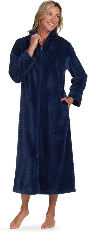 Miss Elaine Women's Long Fleece Robe, Long Sleeves and Zipper Front Closure, Collared Neck with Side Pockets