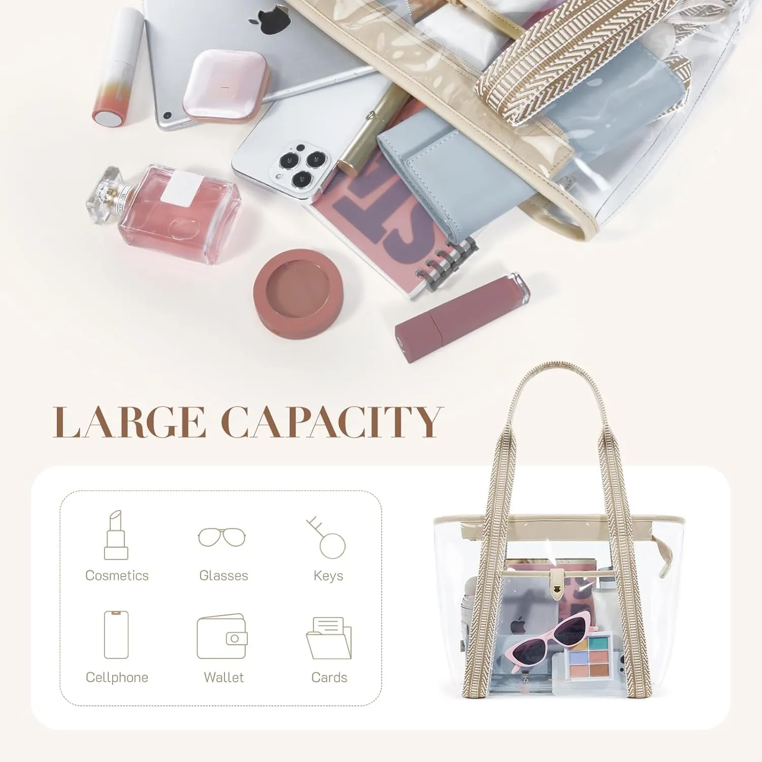 Missnine Clear Tote Bag for Women Clear Bag for Stadium Events with Zipper for Sports Events, Concerts, Work, Beach