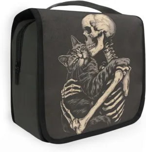 MNSRUU Hanging Toiletry Bag Cat Snuggled Human Skeletal Skull Travel Makeup bag for Toiletries Portable Travel Toiletry Organizer Cosmetic Bags with Hanging Hook