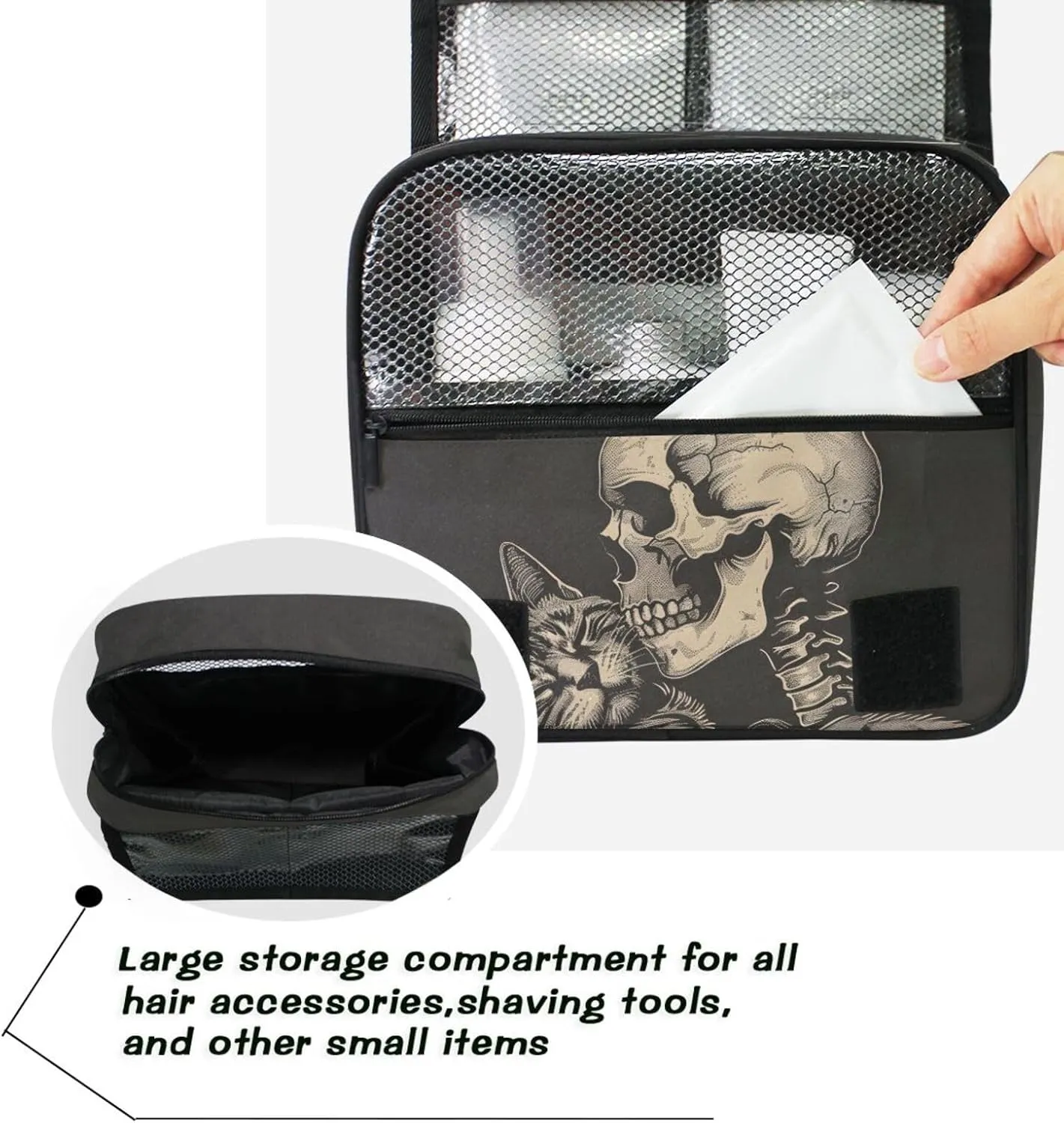 MNSRUU Hanging Toiletry Bag Cat Snuggled Human Skeletal Skull Travel Makeup bag for Toiletries Portable Travel Toiletry Organizer Cosmetic Bags with Hanging Hook