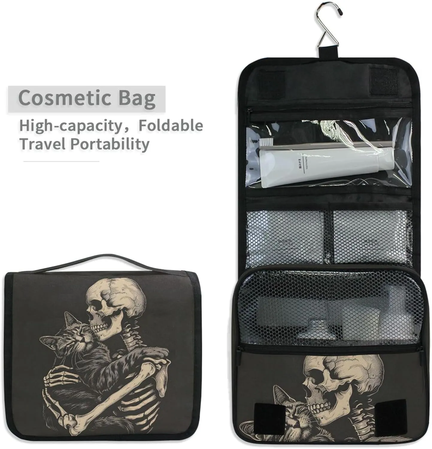 MNSRUU Hanging Toiletry Bag Cat Snuggled Human Skeletal Skull Travel Makeup bag for Toiletries Portable Travel Toiletry Organizer Cosmetic Bags with Hanging Hook