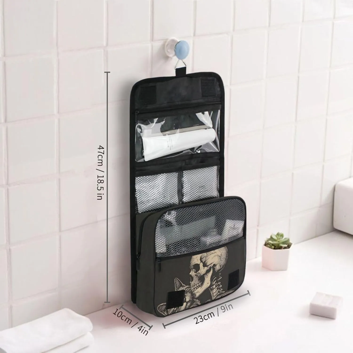 MNSRUU Hanging Toiletry Bag Cat Snuggled Human Skeletal Skull Travel Makeup bag for Toiletries Portable Travel Toiletry Organizer Cosmetic Bags with Hanging Hook