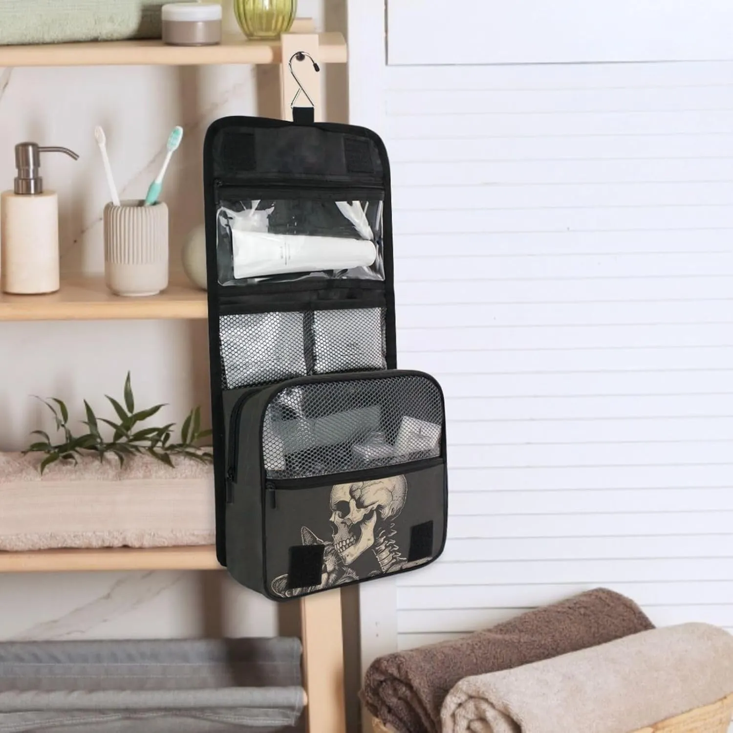 MNSRUU Hanging Toiletry Bag Cat Snuggled Human Skeletal Skull Travel Makeup bag for Toiletries Portable Travel Toiletry Organizer Cosmetic Bags with Hanging Hook