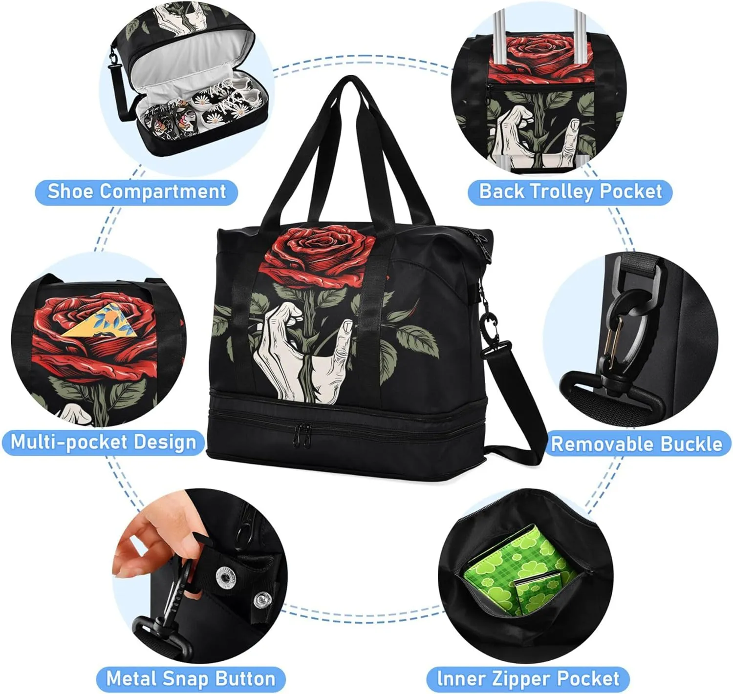 MNSRUU Unisex-Adults Travel Duffel Tote Bag Gothic Skull Rose Sports Gym Weekender Overnight Carry On Hospital Bag, 17.32 x 8.66 x 15.55 inches (expanded), Skull I 4148