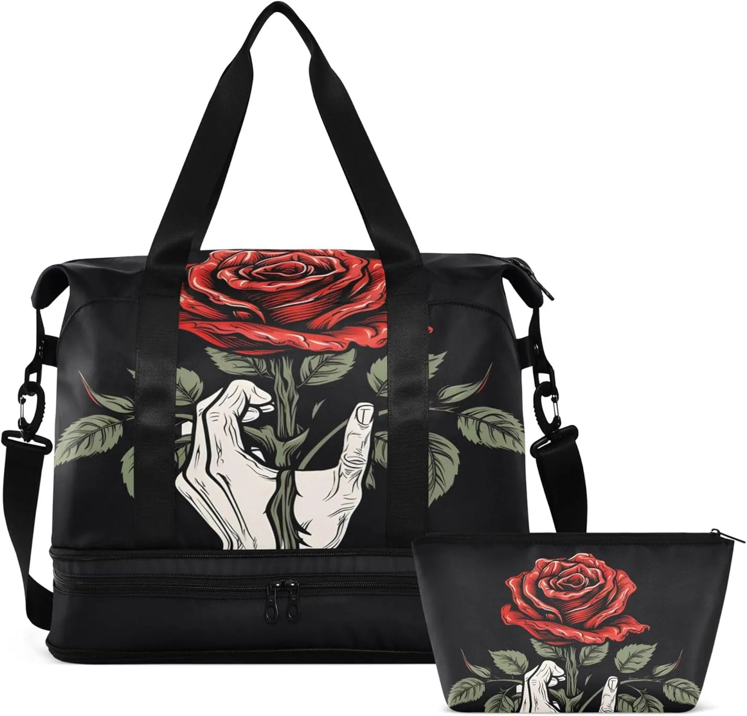MNSRUU Unisex-Adults Travel Duffel Tote Bag Gothic Skull Rose Sports Gym Weekender Overnight Carry On Hospital Bag, 17.32 x 8.66 x 15.55 inches (expanded), Skull I 4148