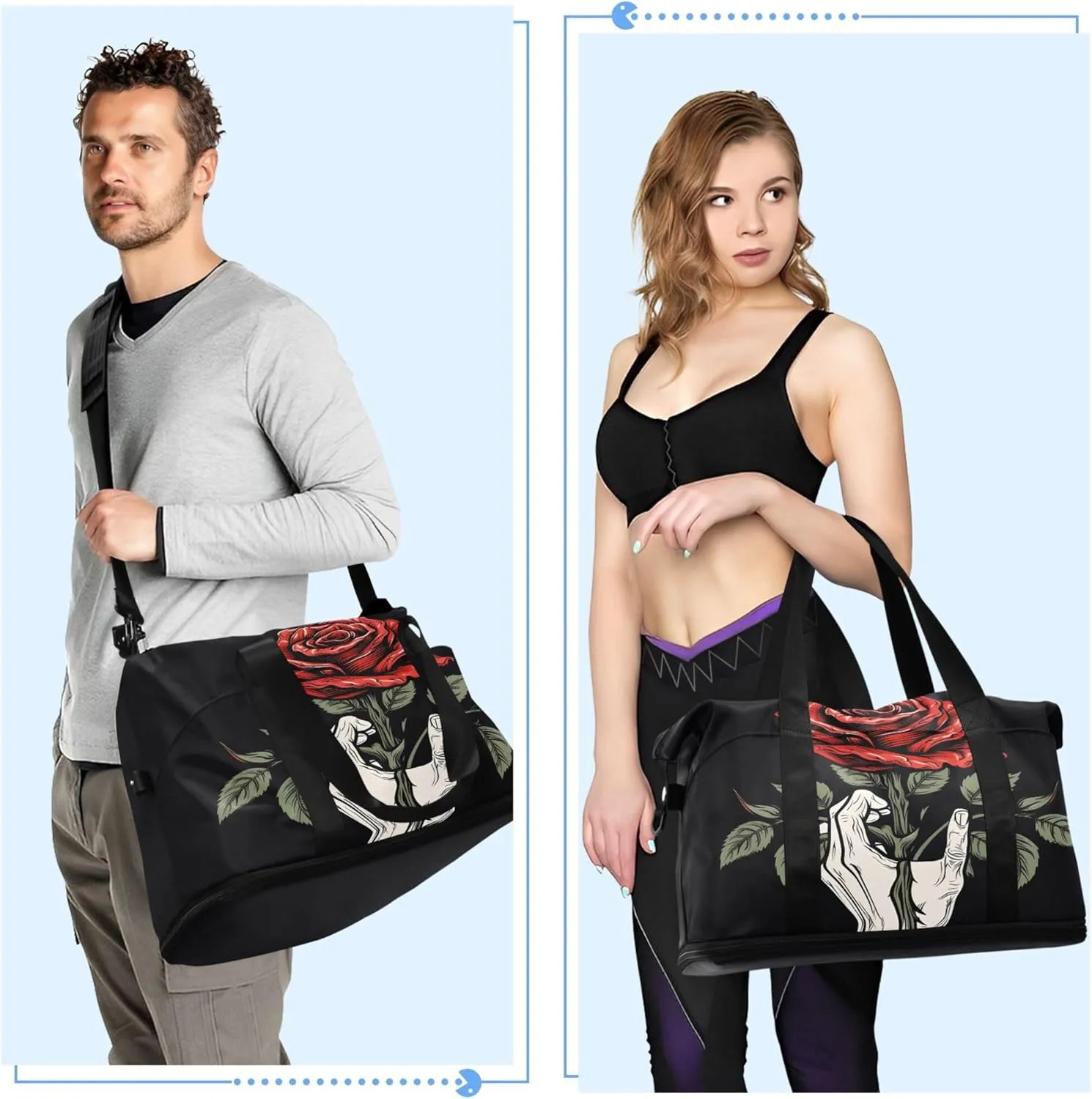 MNSRUU Unisex-Adults Travel Duffel Tote Bag Gothic Skull Rose Sports Gym Weekender Overnight Carry On Hospital Bag, 17.32 x 8.66 x 15.55 inches (expanded), Skull I 4148