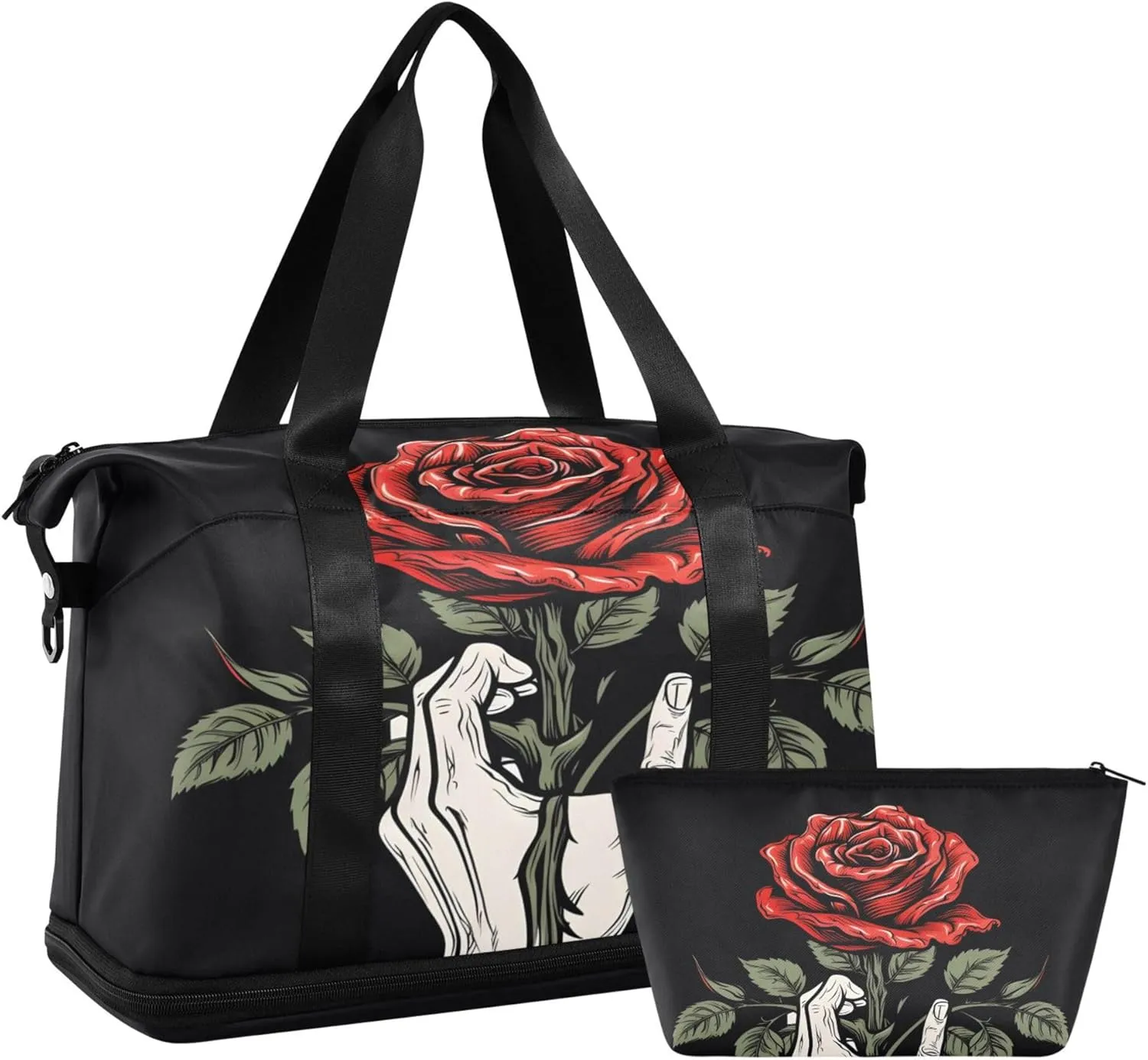 MNSRUU Unisex-Adults Travel Duffel Tote Bag Gothic Skull Rose Sports Gym Weekender Overnight Carry On Hospital Bag, 17.32 x 8.66 x 15.55 inches (expanded), Skull I 4148