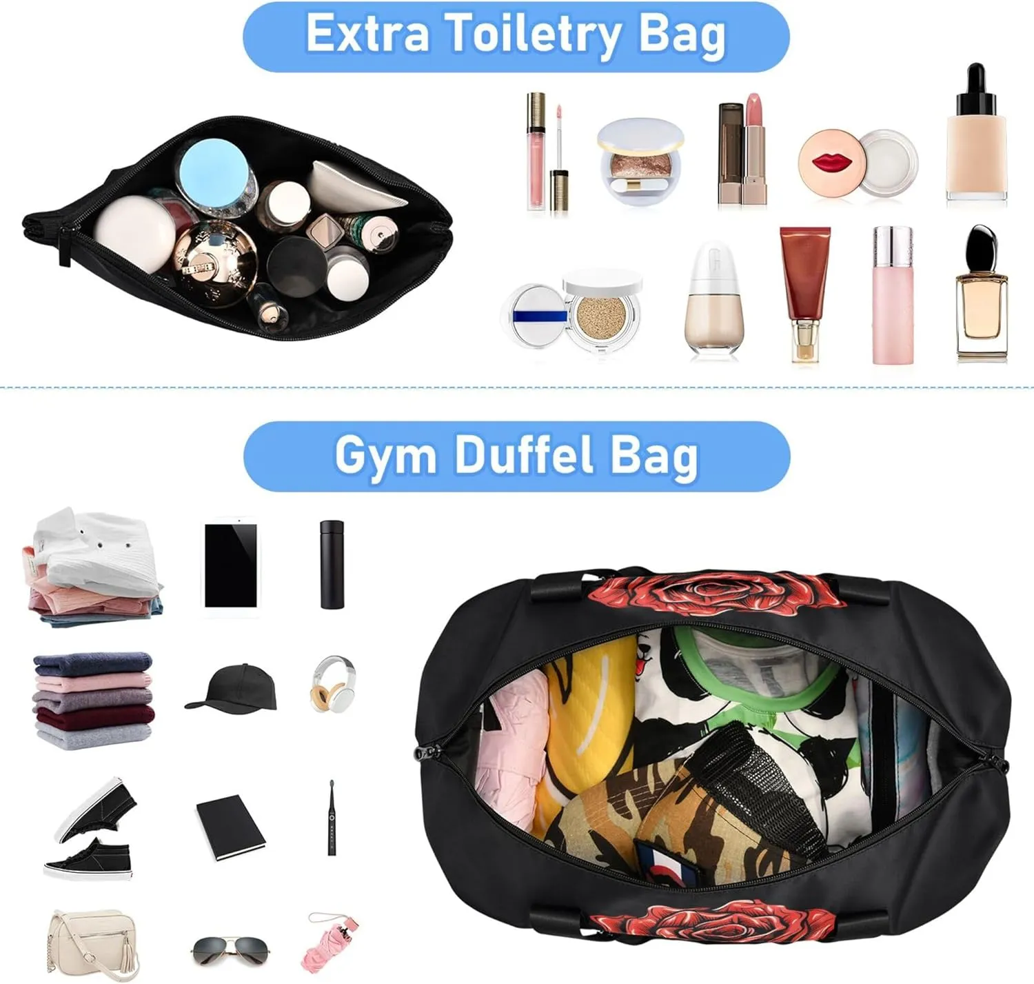 MNSRUU Unisex-Adults Travel Duffel Tote Bag Gothic Skull Rose Sports Gym Weekender Overnight Carry On Hospital Bag, 17.32 x 8.66 x 15.55 inches (expanded), Skull I 4148