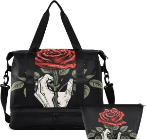 MNSRUU Unisex-Adults Travel Duffel Tote Bag Gothic Skull Rose Sports Gym Weekender Overnight Carry On Hospital Bag, 17.32 x 8.66 x 15.55 inches (expanded), Skull I 4148